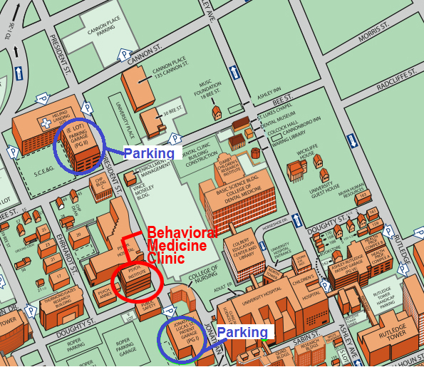 Map of parking options at the Behavioral Medicine Clinic.