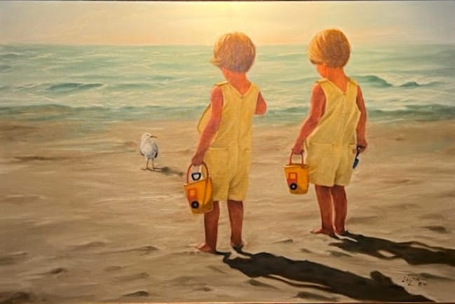 Print of a painting depicting two boys with sand pails on the beach.