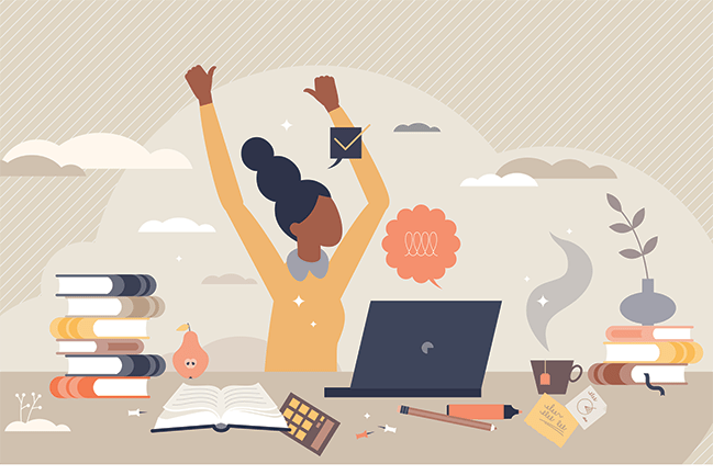 Vector illustration of African American student with hands raised in triumph, sitting in front of laptop, surrounded by books, snacks, plant and cup of steaming coffee