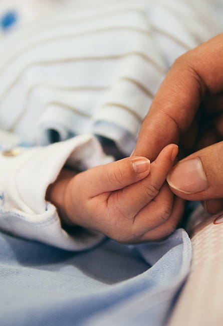 Image of a person holding a newborn baby's hand