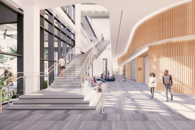 Architectural rendering of the lobby of the new College of Medicine building