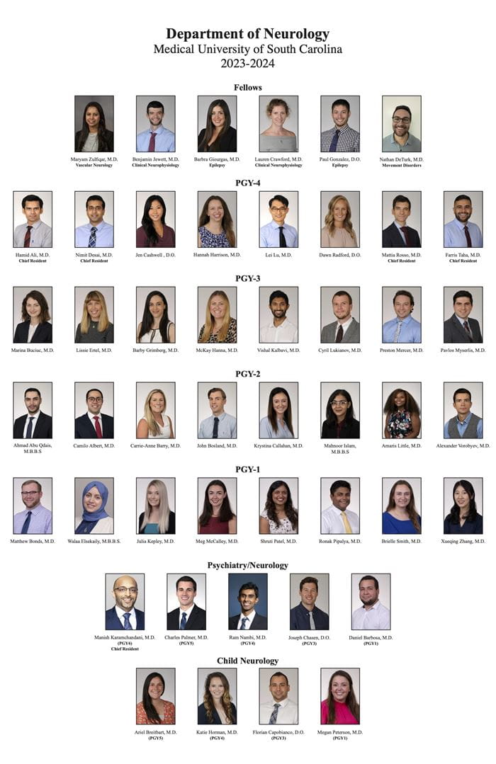 A composite of the fellows and residents in different training programs within the Department of Neurology at MUSC from 2022 to 2023. In the adult neurology residency, the PGY4 residents are Muayad Alzuabi, M.D., Anna Bashmakov, M.D., Angel Cadena, M.D., Cori Cummings, M.D., Jessica Decker, D.O., Benjamin Jewett, M.D., Ashley Nelson, D.O., and Mark Rosenberg, M.D. The PGY3 residents are Hamid Ali, M.D., Jen Cashwell, D.O, Nimit Desai, M.D., Hanna Harrison, M.D., MBA, Lei Lu, M.D., Ph.D.,, Dawn Crawford, D.O., Mattia Rosso, M.D., and Farris Taha, M.D. The pgy2 residents are Marina Buciuc, M.D., Lissie Ertel, M.D., Barby Grimberg, M.D., McKay Hanna, M.D., Vishal Kalbavi, M.D., Cyril Lukianov, M.D., Preston Mercer, M.D., and Pavlos Myserlis, M.D. The pgy1 residents are Ahmad Abu Qdais, M.B.B.S., Camilo Albert, M.D., Carrie-Ann Barry, M.D., John Bosland, M.D., Krystina Callahan, M.D., Mahnoor Islam, M.B.B.S., Amaris Little, M.D., and Alexander Vorobyev, M.D. The residents in the combined psychiatry/neurology program are PGY6 chief resident Helen Dainton Howard, M.D., PGY5 Manish Karamchandani, M.D., PGY4 Charles Palmer, M.D., pgy3 Ram Nambi, M.D., and pgy2 Joseph Chasen, D.O. The residents in the child neurology program are PGY5 Reshma Joshi, D.O., PGY4 Ariel Breitbart, M.D., pgy3 Katie Horman, M.D., PGY2 Florian Capobianco, D.O., and PGY1 Jaimie Vilavinal, M.D. The fellows in the department are vascular neurology fellows Goswani Avirag, M.B.B.S. and Valerie Sharf, M.D.,  epilepsy fellow Paul Gonzalez, D.O., clinical neurophysiology fellows Alexandra Parashos, M.D. and Lauren Crawford, M.D., and movement disorders fellow Cherry Yu, M.D.
