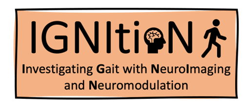 Investigating Gait wiith NeuroImaging and Neuromodulation IGNItioN decordative logo where the o in the word Ignition is the profile and cross-section illustration of a human head. Also: there's a graphic depicting a stick figure walking.