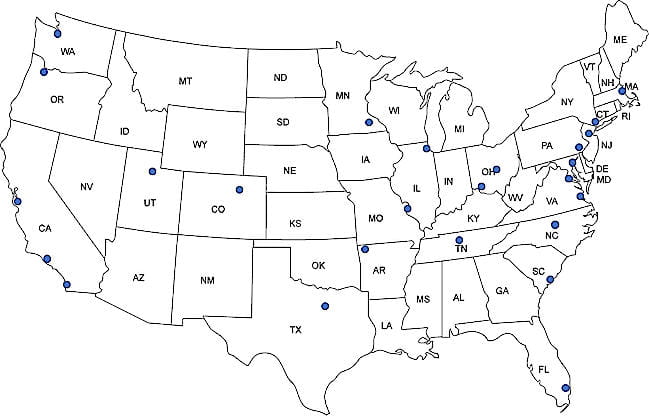 Map the United States that shows Cochlear Implant Quality of Life Development Consortium locations