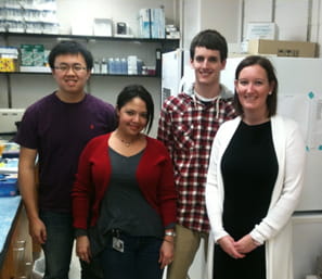 : Photo of Qi Guo (Masters Student), Lourdes Nogueira (Research Specialist), Ryan Kelly (Rotation Ph.D. Student), Victoria Findlay (Principle Investigator)