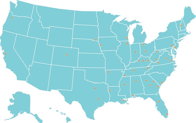 Map of the United States with stars indicating the originating medical school for our current pediatric residents.