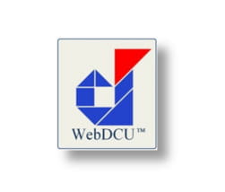 WebDCU logo of a lowercase d built out of blue triangles and quadrilaterals toped with one red triangle