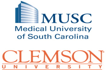 Blue MUSC logo above orange Clemson University logo