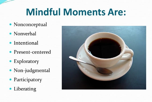 Mindful Moments Are: Nonconceptual, Nonverbal,Intentional, Present-centered, Exploratory,Non-judgmental,Participatory, Liberating 