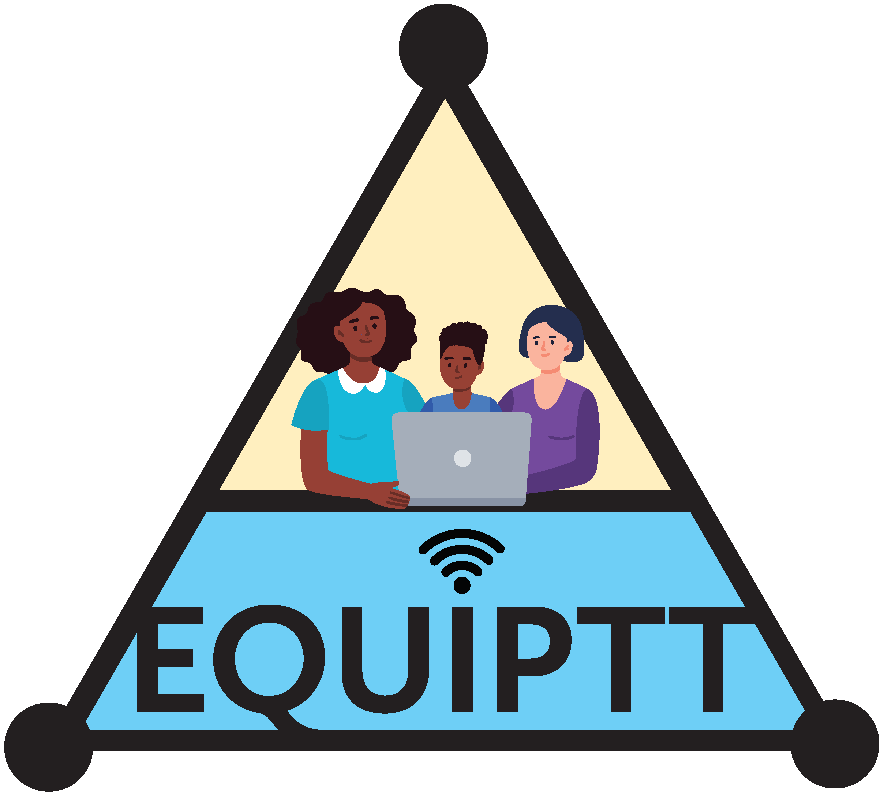 Triangle shape logo with dot on points. Inside triangle are three people looking at a laptop above the word EQUIPTT which has a WIFI symbol above the I.