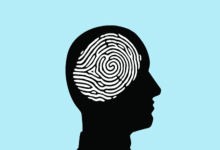 Image of a silhouette of a head with a finger print as the brain