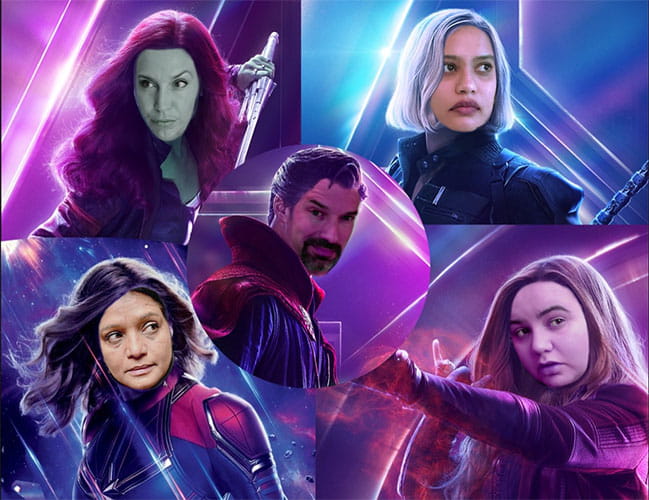 Lab members of the Kourtidis lab superimposed on an Avangers background.