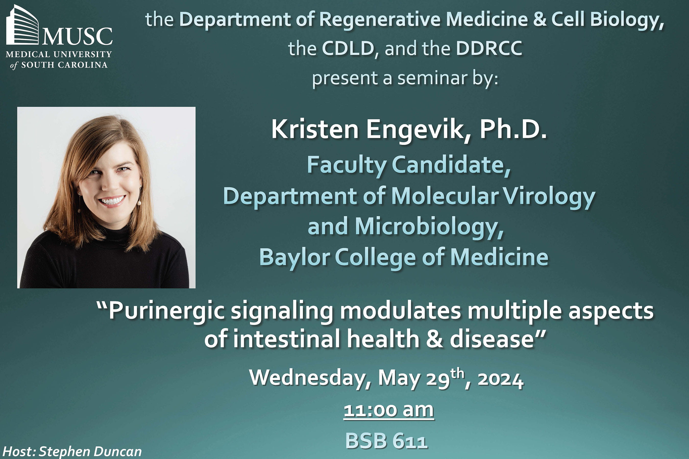 The Department of Regenerative Medicine and Cell Biology presents a seminar by Kristen Engevik, Ph.D. The seminar will be held in BSB 611 on Wednesday, May 29, 2024 at 11:00 AM