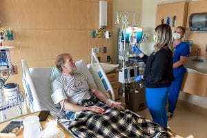 The infusion of purified CAR-T-cells begins for Ted Kopacko. 