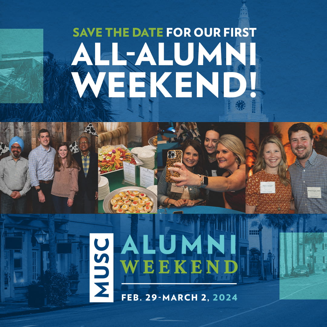Graphic images of people in groups with text - Save the date for our first MUSC All-Alumni Weekend, February 29 to March 2, 2024