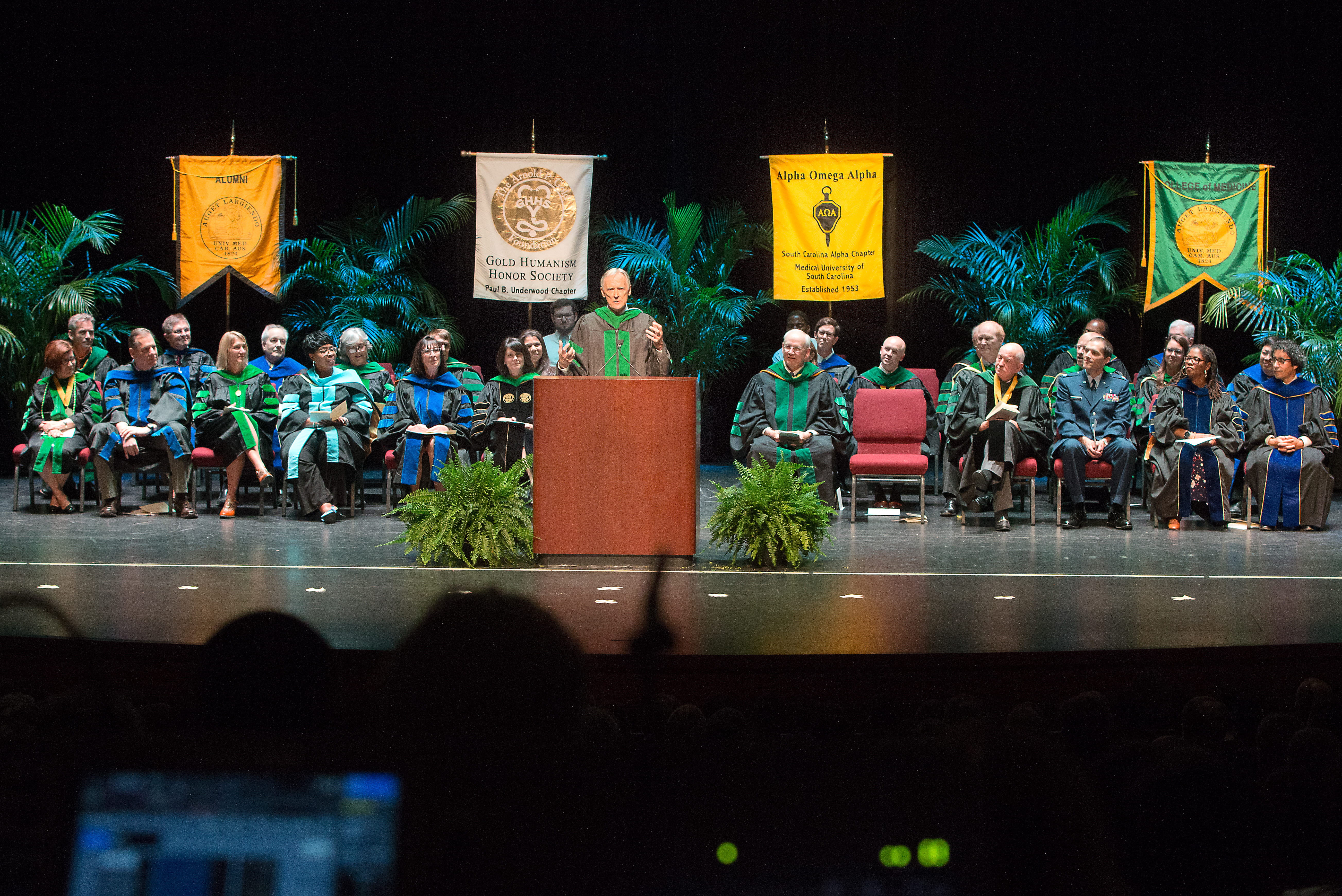 COM Faculty listens as Dr. Brazansky speaks at the 2019 Commencement Ceremony.