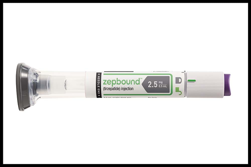 Long white tube that says Zepbound tirzepatide injection, 2.5 mg.