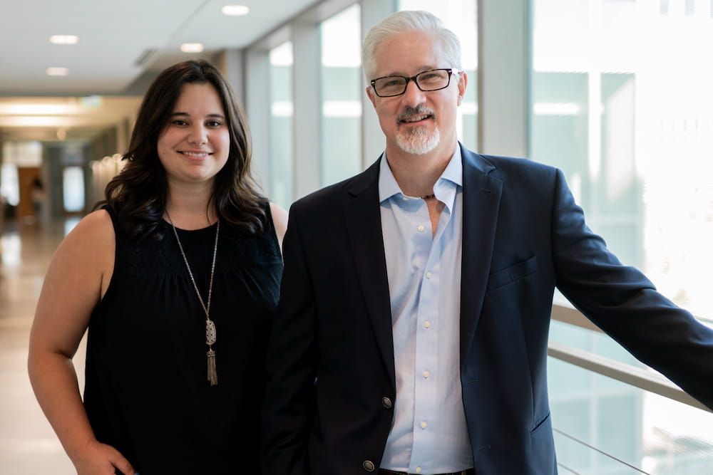 Neuroscience postdoctoral fellow Dr. Jessica Huebschman, Ph.D. (left) and chairman Dr. Christopher Cowan (right)